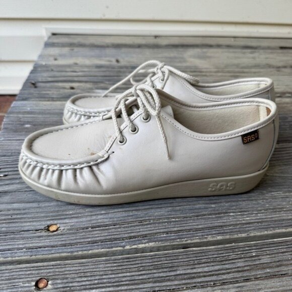 SAS Siesta Lace Up Genuine Leather Loafer Bone Women Size 7.5 Wide Hand Sewn - Picture 6 of 14